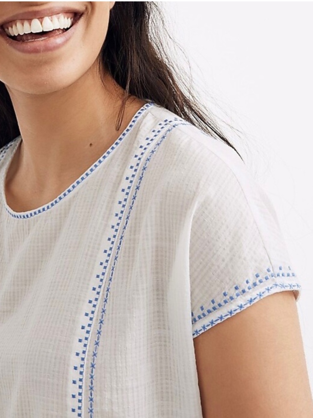 Madewell White Short Sleeve Blouse with Embroidered Blue Trim - Picture 2 of 9